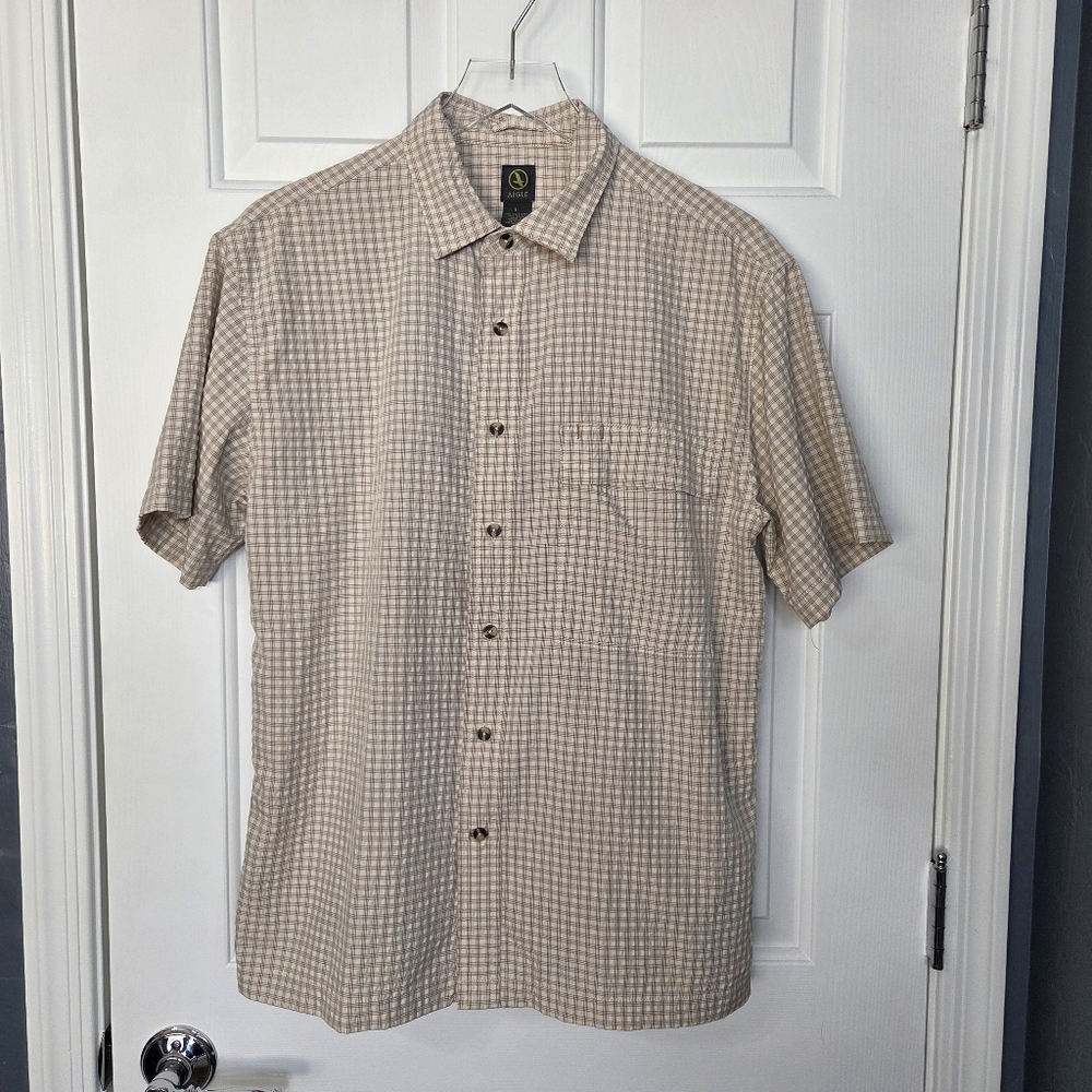 Aigle Men's Large Short Sleeve Plaid Button Down Shirt Cream And Brown